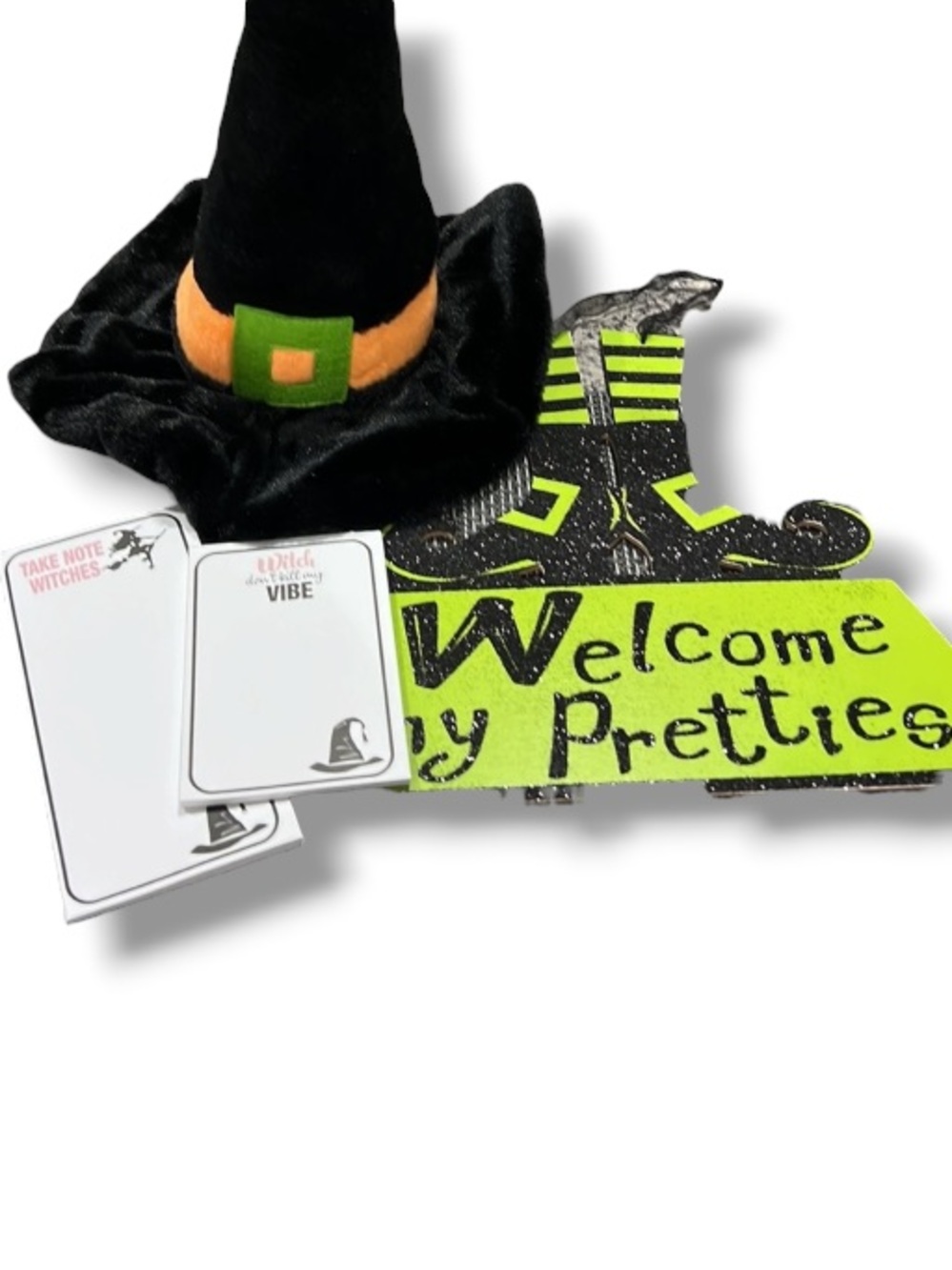 Halloween Witch Decor Lot Welcomes my Pretties Sign Witches Notespad Hat Plush